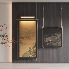 新中式酒店餐厅包间房高级装饰画带灯金属杆挂画茶室会所高档墙饰